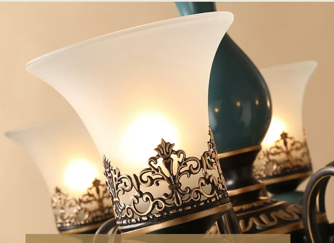 European vintage flush mount chandelier with frosted glass shade and iron frame — view 14