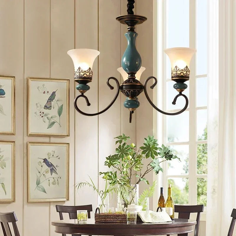 European vintage flush mount chandelier with frosted glass shade and iron frame — view 13
