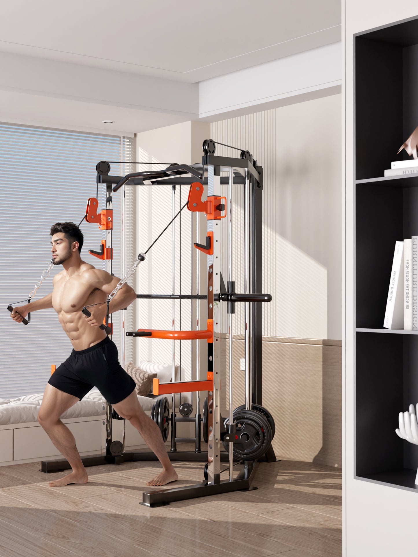 SmartFit C1 Max Multi Functional Cable Crossover Station 130kgs Pin Loaded  Machine + Multi Func Bench+7Ft Olympic Barbell + 100kgs Weights