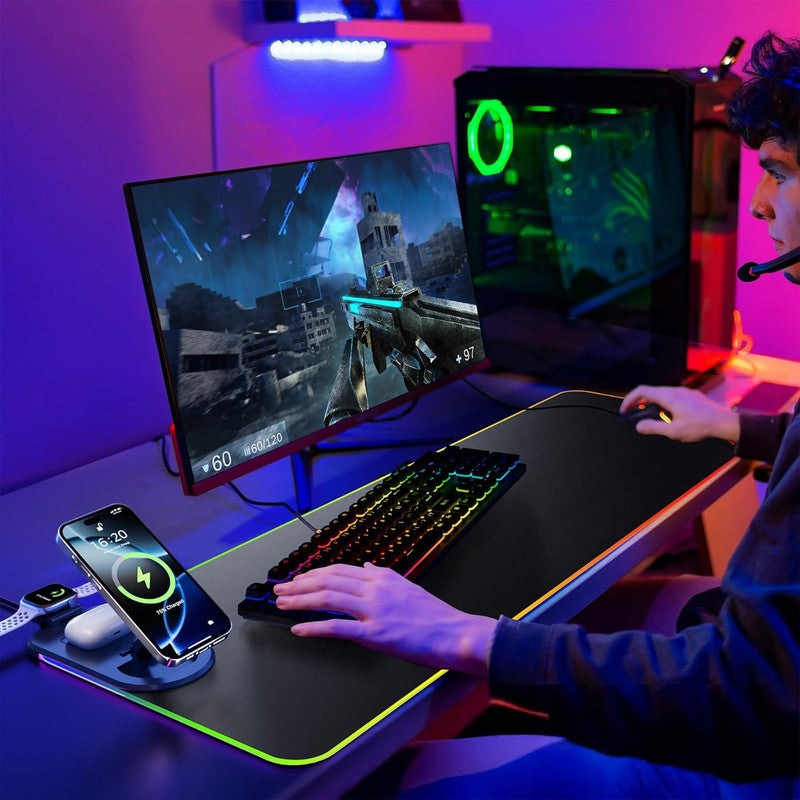 Wireless Charging Mouse Pad 15W RGB Gaming Mousepad Waterproof Desk Mat With Phone Holder...