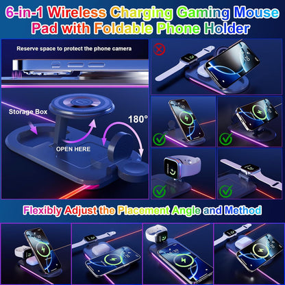 Wireless Charging Mouse Pad 15W RGB Gaming Mousepad Waterproof Desk Mat With Phone Holder...