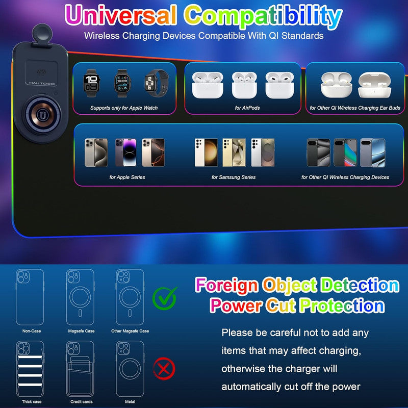 Wireless Charging Mouse Pad 15W RGB Gaming Mousepad Waterproof Desk Mat With Phone Holder...