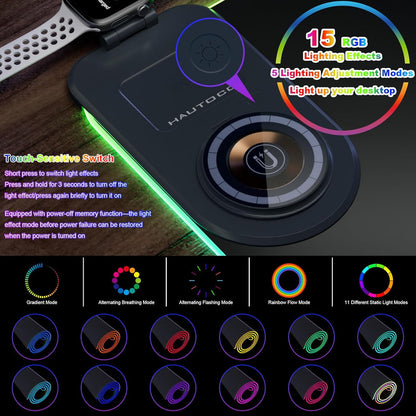 Wireless Charging Mouse Pad 15W RGB Gaming Mousepad Waterproof Desk Mat With Phone Holder...
