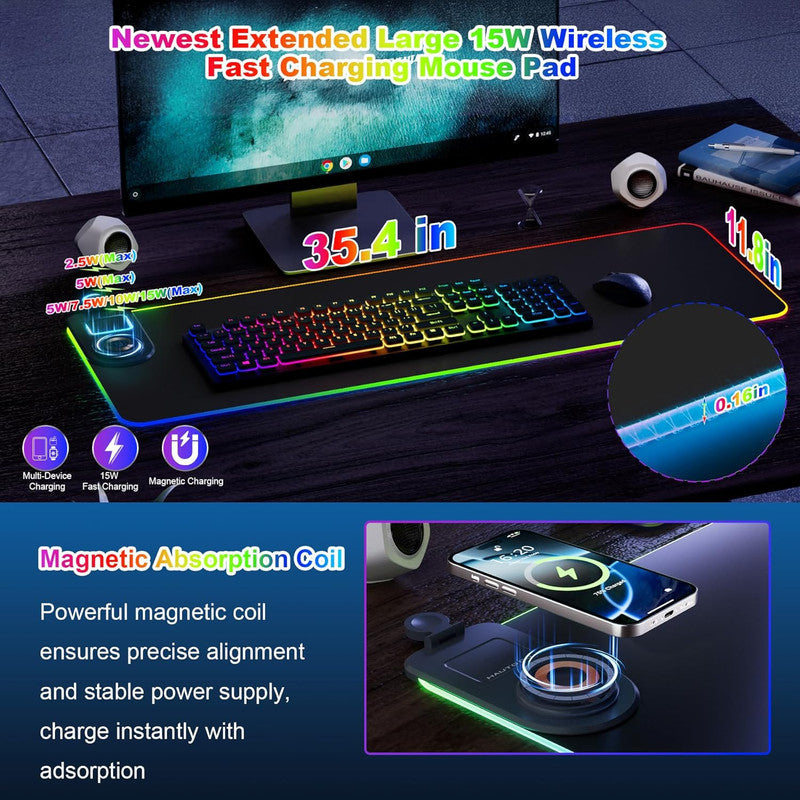 Wireless Charging Mouse Pad 15W RGB Gaming Mousepad Waterproof Desk Mat With Phone Holder...