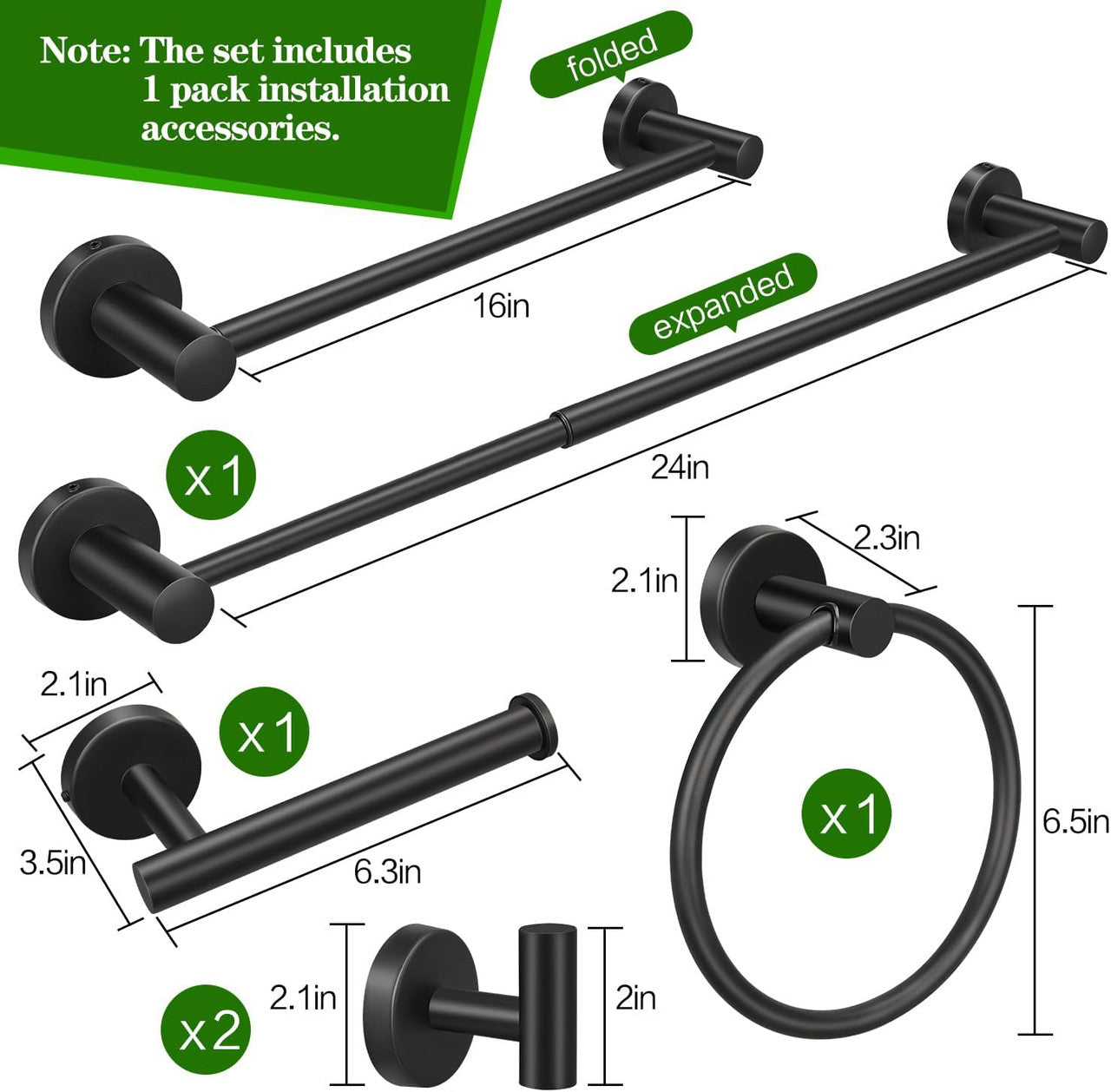 5pcs Matte Black Bathroom Hardware Set, Including 1pcs 24in Retractable Hand Single Towel...