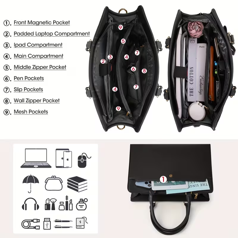 15.6-Inch Laptop Tote Bag For Women, Large Capacity Faux Leather Work Tote, Waterproof...