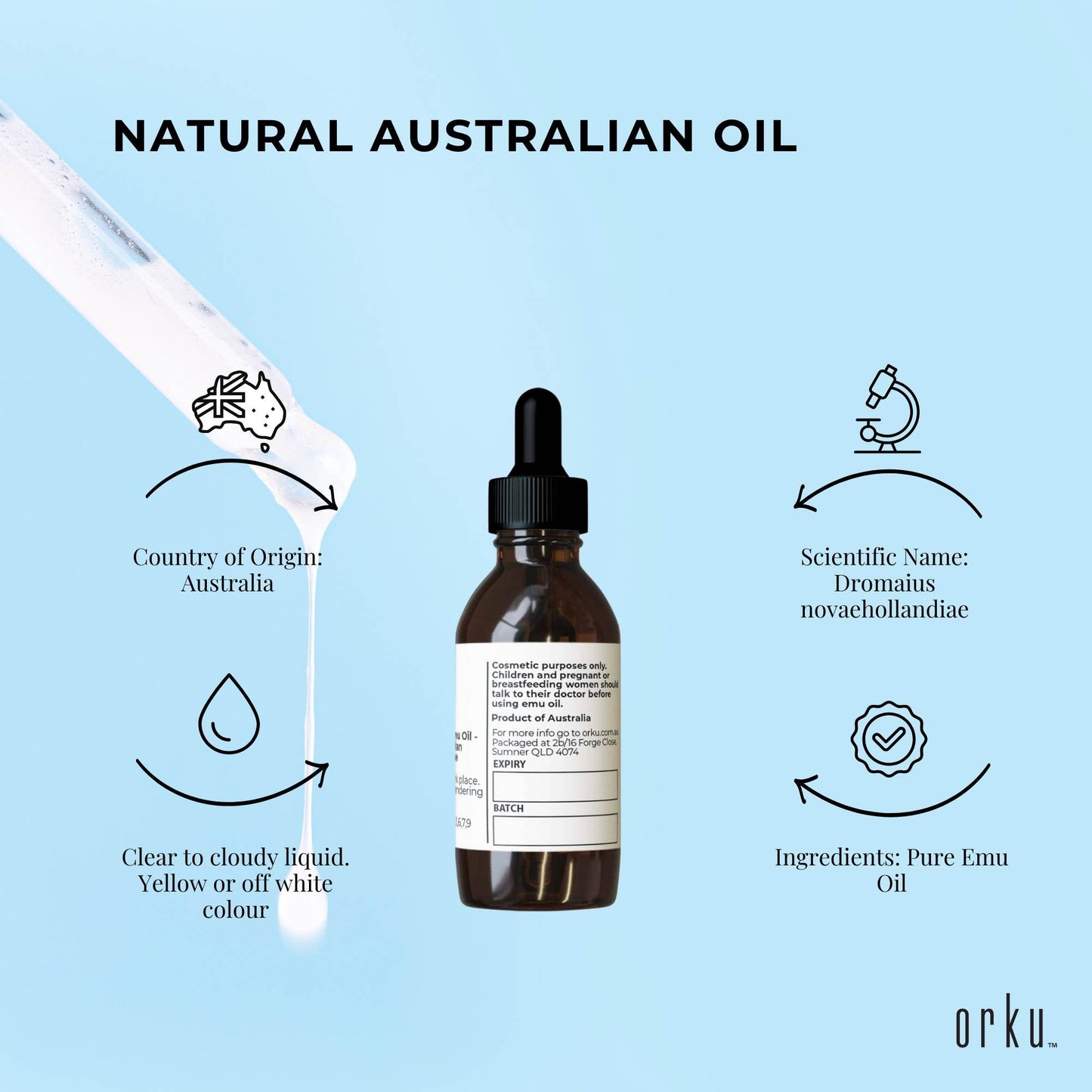 Orku 25ml Pure Emu Oil with Dropper - Undiluted Natural Dromaius Novaehollandiae