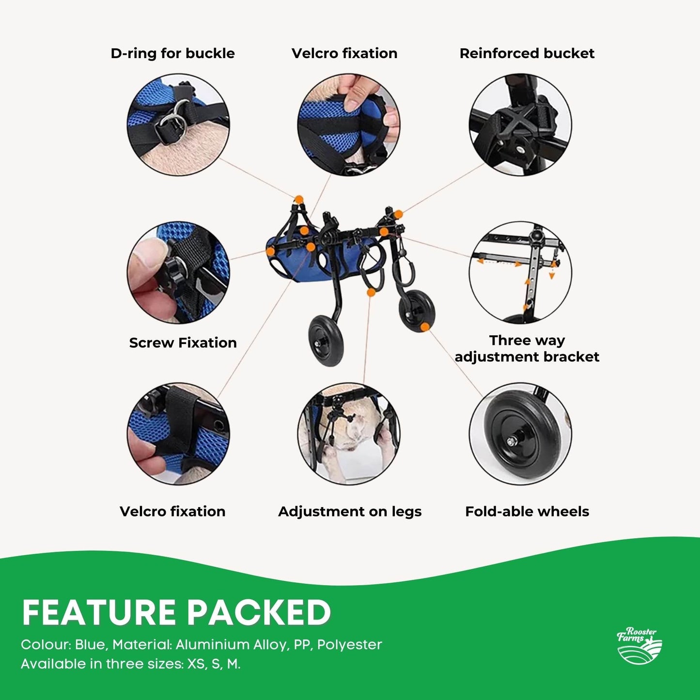 Rooster Farms Little Dog Wheelchair Medium Harness - Adjustable Back Leg Aid
