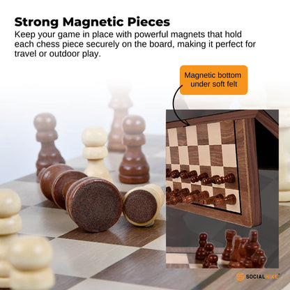 Social Hike Wooden Chess & Checkers 2 in 1 – Magnetic Travel Foldable Board Game