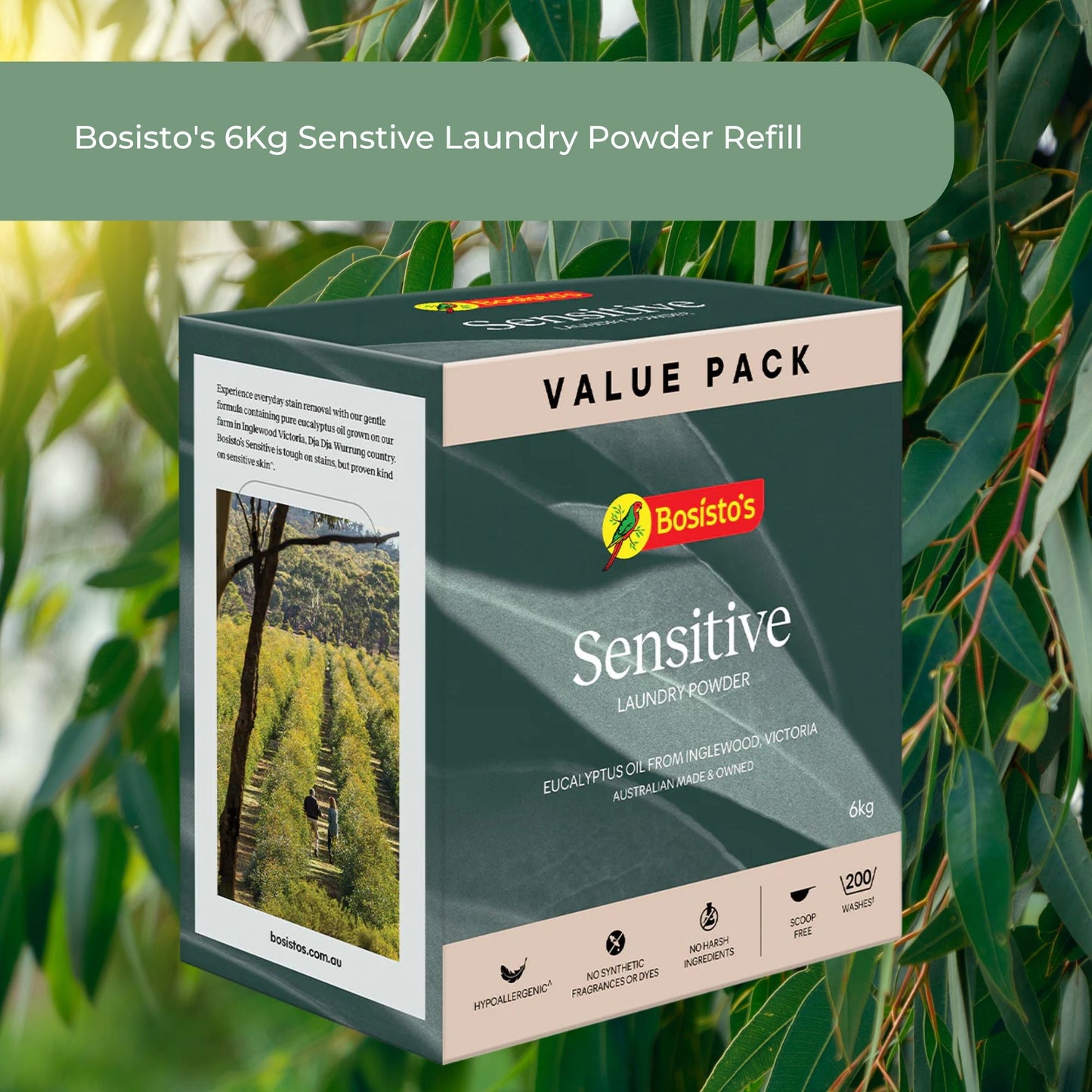 Bosisto's 6Kg Senstive Laundry Powder Refill - Eco Eucalyptus Washing Detergent