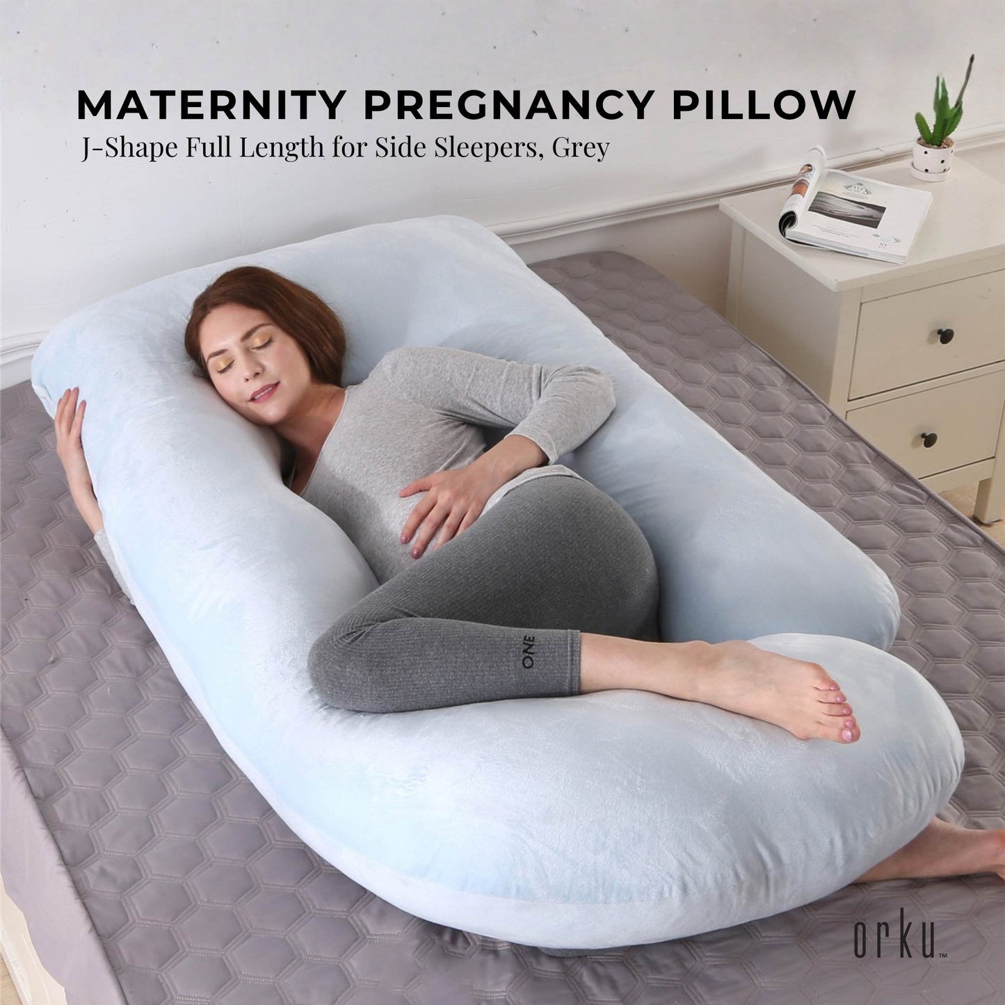 Orku Maternity Pregnancy Pillow - J-Shape Full Body Length For Side Sleeper Grey