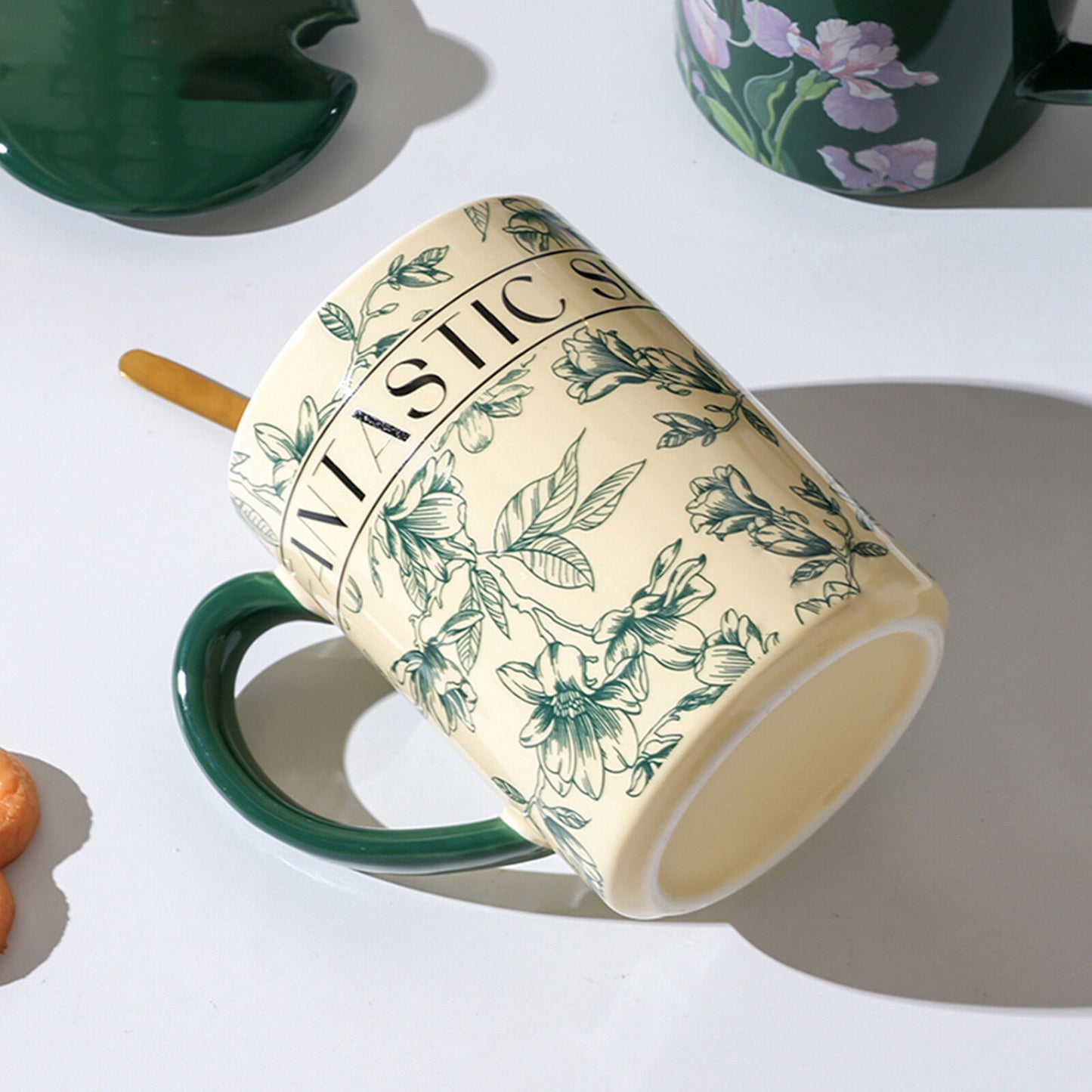 2X High-Fired Ceramic Porcelain Mug Set with Lid 400ml Vintage Floral Tea Spoon GREEN
