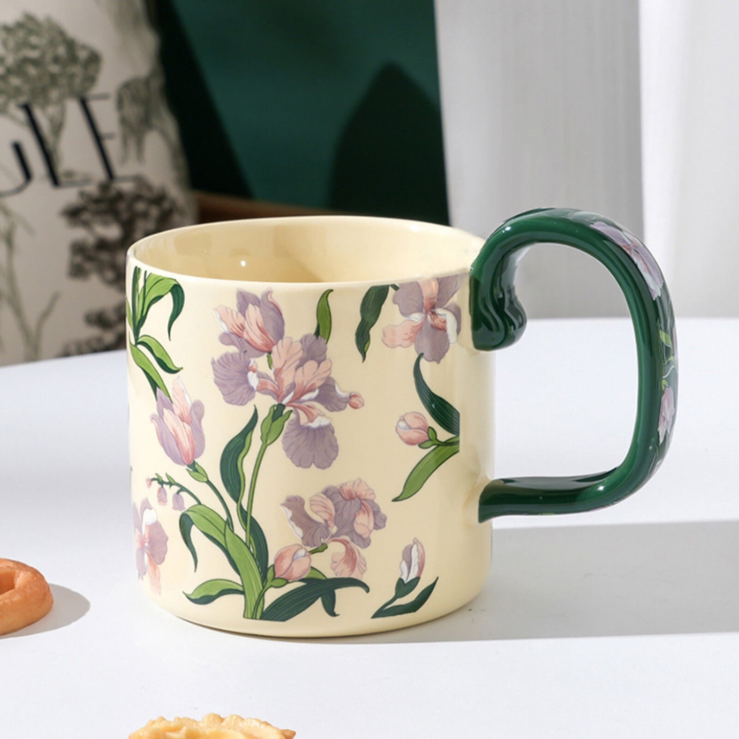 2X High-Fired Ceramic Porcelain Mug Set with Lid 400ml Vintage Floral Tea Spoon GREEN