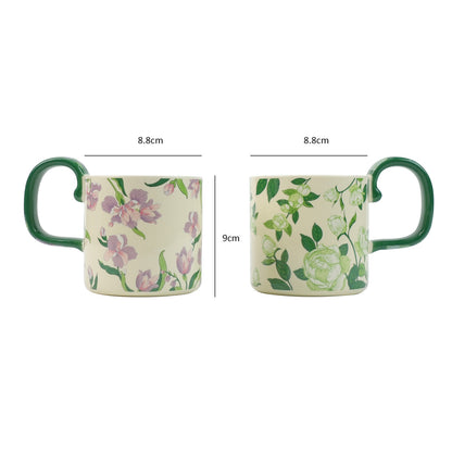 2X High-Fired Ceramic Porcelain Mug Set with Lid 400ml Vintage Floral Tea Spoon GREEN