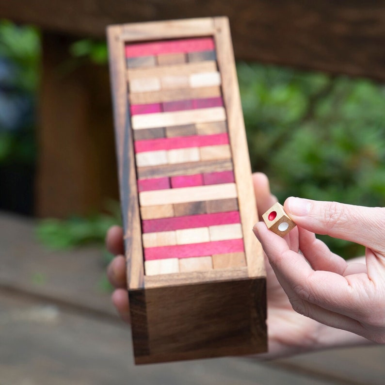 Stacking Tumbling Blocks Wood Red Colours Balance Game With Dice Play Options Handmade...