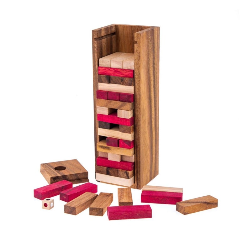 Stacking Tumbling Blocks Wood Red Colours Balance Game With Dice Play Options Handmade...
