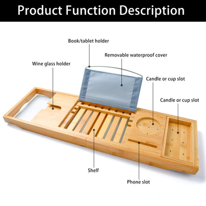 Bamboo Bathtub Bath Tub Tray Table Caddy Tray Cellphone,Book,Tray Wineglass Holder
