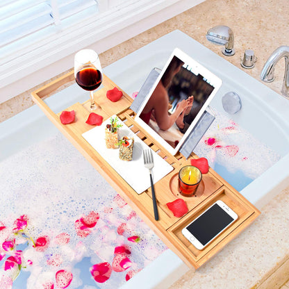 Bamboo Bathtub Bath Tub Tray Table Caddy Tray Cellphone,Book,Tray Wineglass Holder