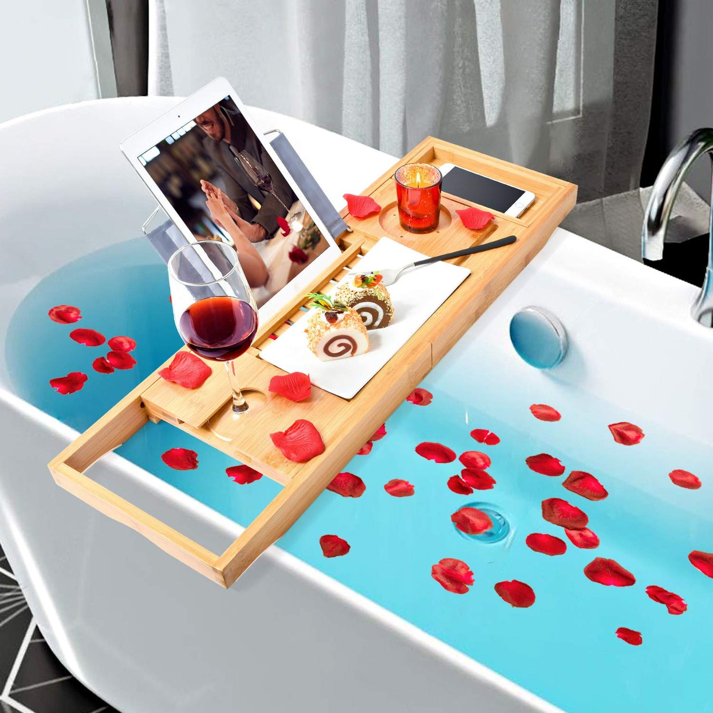 Bamboo Bathtub Bath Tub Tray Table Caddy Tray Cellphone,Book,Tray Wineglass Holder