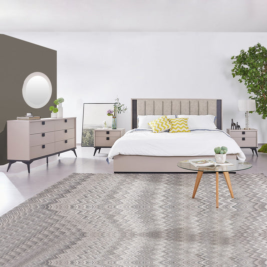 Queen 4 Pcs Bedroom Suite with Dresser Fabric Upholstery MDF Combination of Champagne and Black Colour