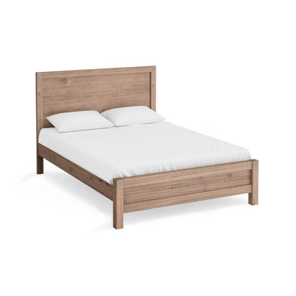 4 Pieces Bedroom Suite in Solid Wood Veneered Acacia Construction Timber Slat Queen Size Oak Colour Bed, Bedside Table & Tallboy