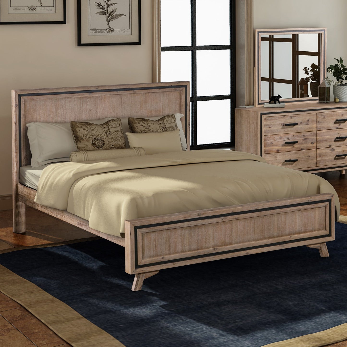4 Pieces Bedroom Suite Queen Size Silver Brush in Acacia Wood Construction Bed, Bedside Table & Dresser