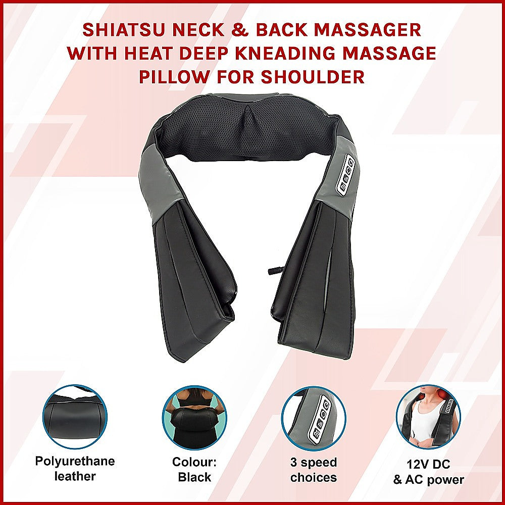 Shiatsu Neck & Back Massager With Heat — Deep Kneading Massage Pillow For Shoulders