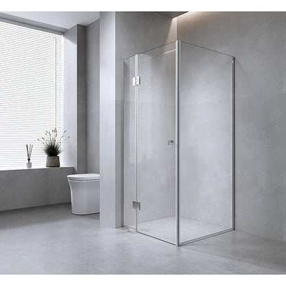 120x100cm Corner Frameless Shower Screen with Chrome Channel and Brass Hinges, Square Double Pull Handle