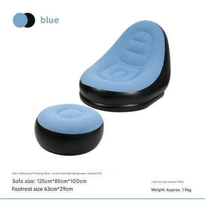 Blue And Black Patchwork Portable Inflatable Sofa Chair with Ottoman - Waterproof Flocked Lazy Sofa for Camping and Home Use