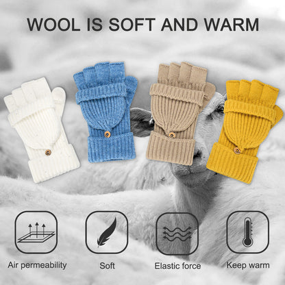 Black Winter Convertible Mittens - Warm Knitted 2-in-1 Fingerless Gloves with Flip Top Cover for Cold Weather