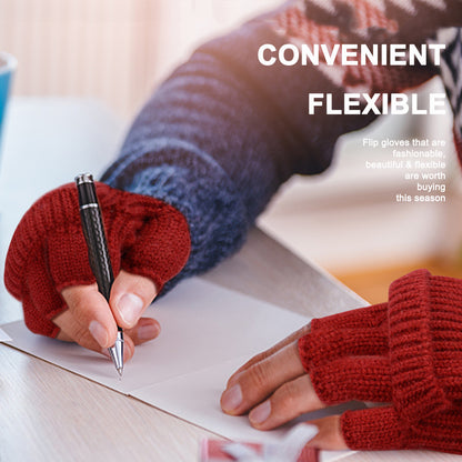 Yellow Winter Convertible Mittens - Warm Knitted 2-in-1 Fingerless Gloves with Flip Top Cover for Cold Weather