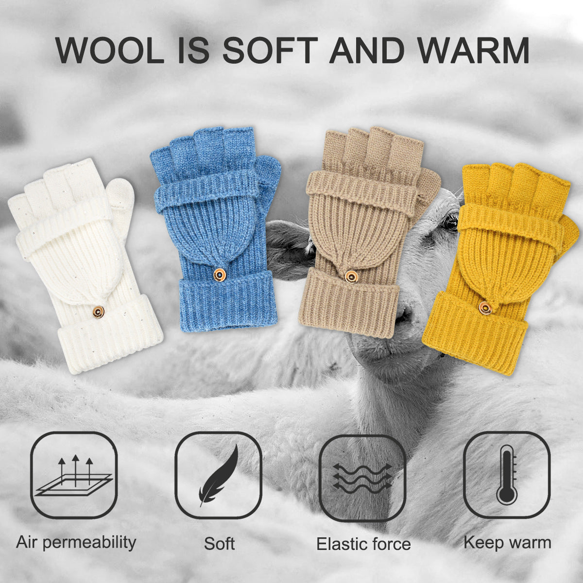Navy Blue Winter Convertible Mittens - Warm Knitted 2-in-1 Fingerless Gloves with Flip Top Cover for Cold Weather