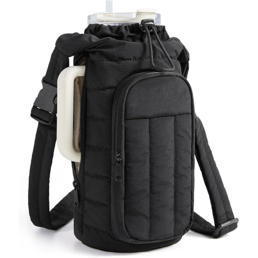 Black Quilted Water Bottle Carrier Bag With Large Phone Pocket - Insulated Tumbler Pouch...