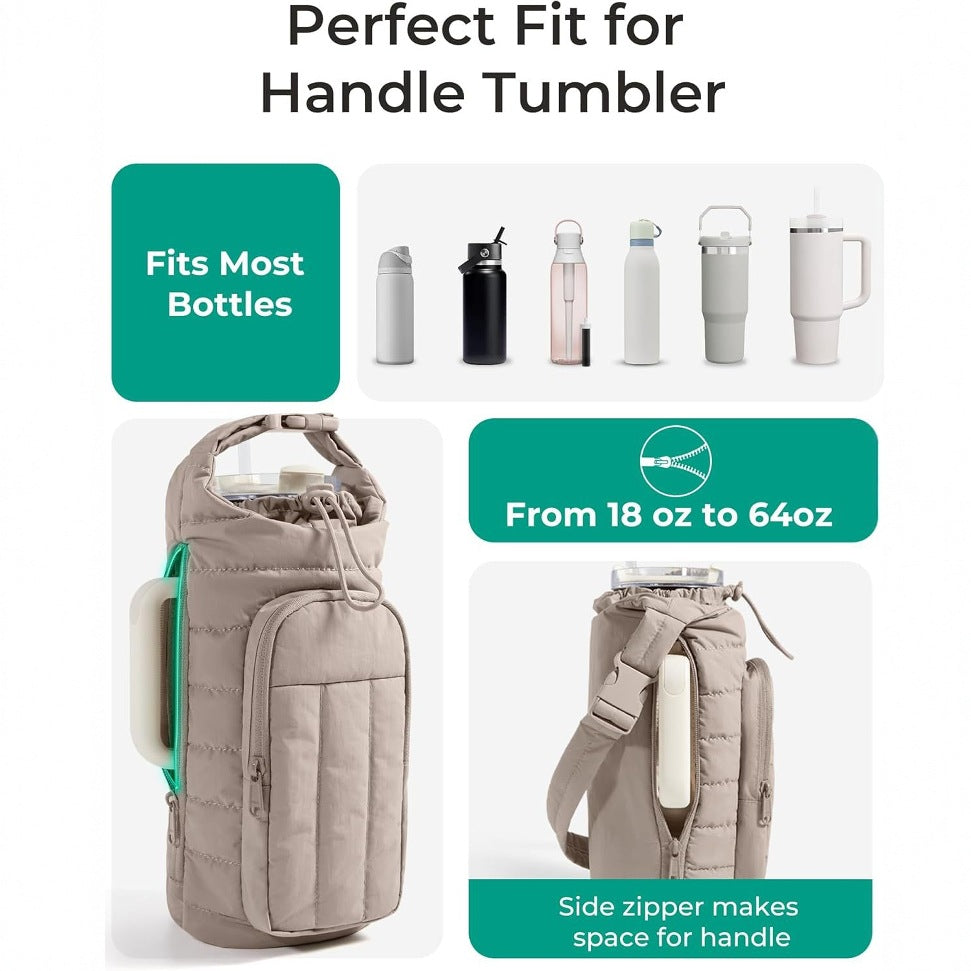 Black Quilted Water Bottle Carrier Bag With Large Phone Pocket - Insulated Tumbler Pouch...