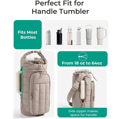 Black Quilted Water Bottle Carrier Bag With Large Phone Pocket - Insulated Tumbler Pouch...
