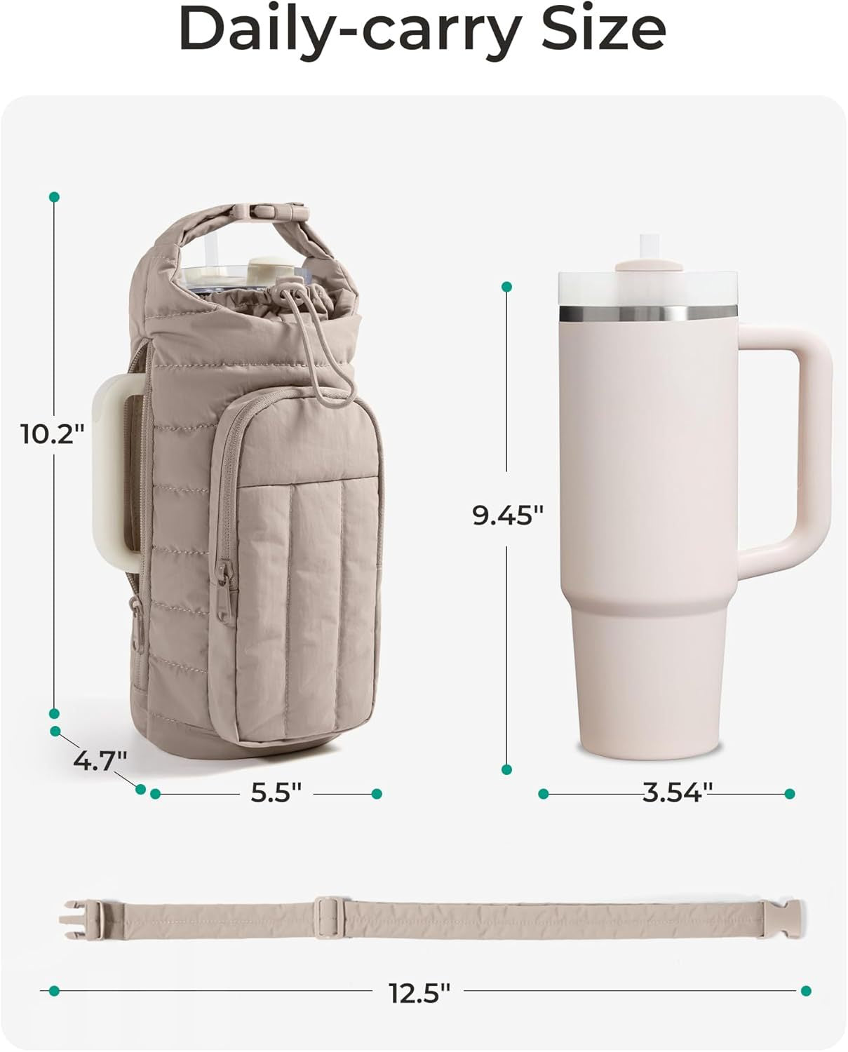 Black Quilted Water Bottle Carrier Bag With Large Phone Pocket - Insulated Tumbler Pouch...