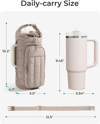 Black Quilted Water Bottle Carrier Bag With Large Phone Pocket - Insulated Tumbler Pouch...