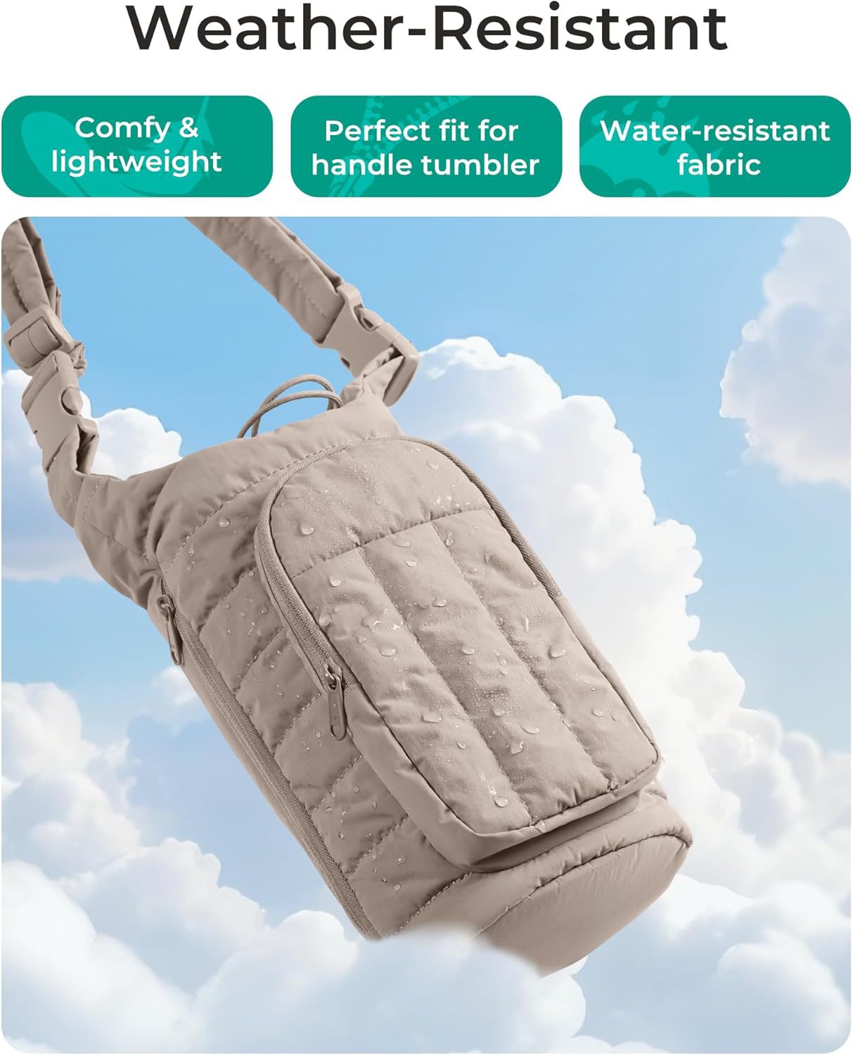 Black Quilted Water Bottle Carrier Bag With Large Phone Pocket - Insulated Tumbler Pouch...
