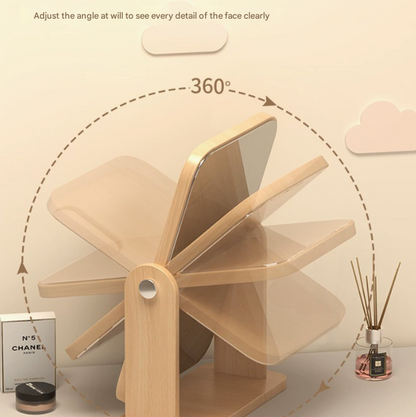 Cartoon Bear Ear Glasses Tabletop Makeup Mirror - Large Wooden Swivel Vanity Mirror for Desk
