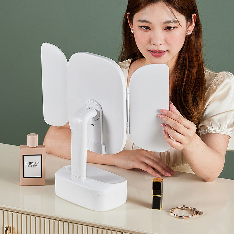 Pink LED Lighted Tri-Fold Makeup Mirror with Storage Drawer & Magnification(USB Charging Port)
