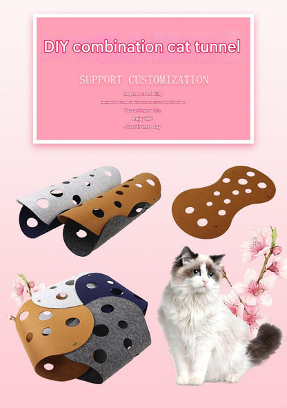 DIY Felt Cat Tunnel - Foldable Egg Roll-Shaped Pet Toy with Multiple Holes(Brown+Yellow)