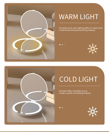 White LED Travel Makeup Mirror - Rechargeable Compact Mirror with 3 Color Lights, 1x/5x Magnification & Smart Auto On/Off
