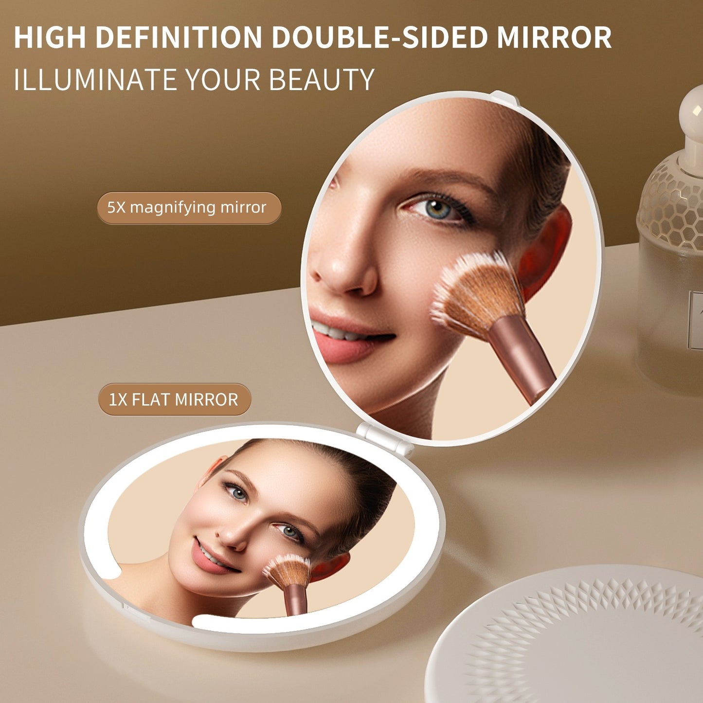Yellow LED Travel Makeup Mirror - Rechargeable Compact Mirror with 3 Color Lights, 1x/5x Magnification & Smart Auto On/Off