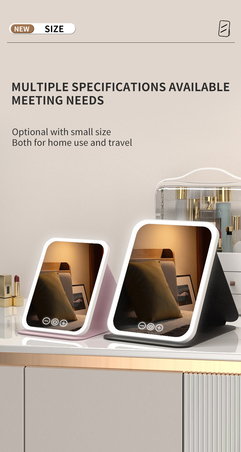 Black Large Foldable LED Makeup Mirror - Portable Desktop Vanity with 3 Color Lights, Stepless Dimming & Adjustable Stand