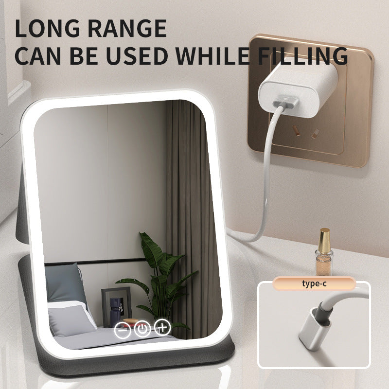 Pink Large Foldable LED Makeup Mirror - Portable Desktop Vanity with 3 Color Lights, Stepless Dimming & Adjustable Stand