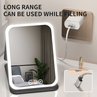 Pink Large Foldable LED Makeup Mirror - Portable Desktop Vanity with 3 Color Lights, Stepless Dimming & Adjustable Stand