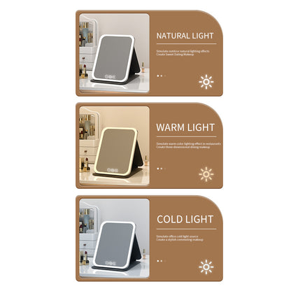 Pink Large Foldable LED Makeup Mirror - Portable Desktop Vanity with 3 Color Lights, Stepless Dimming & Adjustable Stand