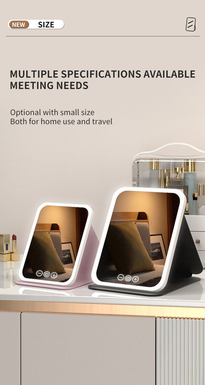 Pink Small Foldable LED Makeup Mirror - Portable Desktop Vanity with 3 Color Lights, Stepless Dimming & Adjustable Stand