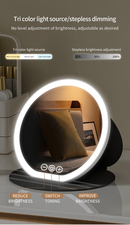 Pink Large Round Foldable LED Makeup Mirror - 22cm Desktop Vanity with 3 Color Lights & Stepless Dimming