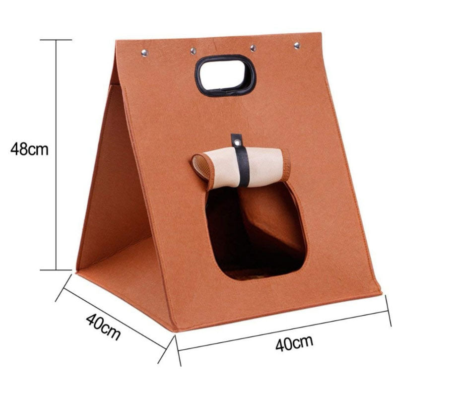 Grey Cozy A-Frame Felt Pet Teepee - Foldable & Portable Cat Cave Bed with Easy Carry Handle